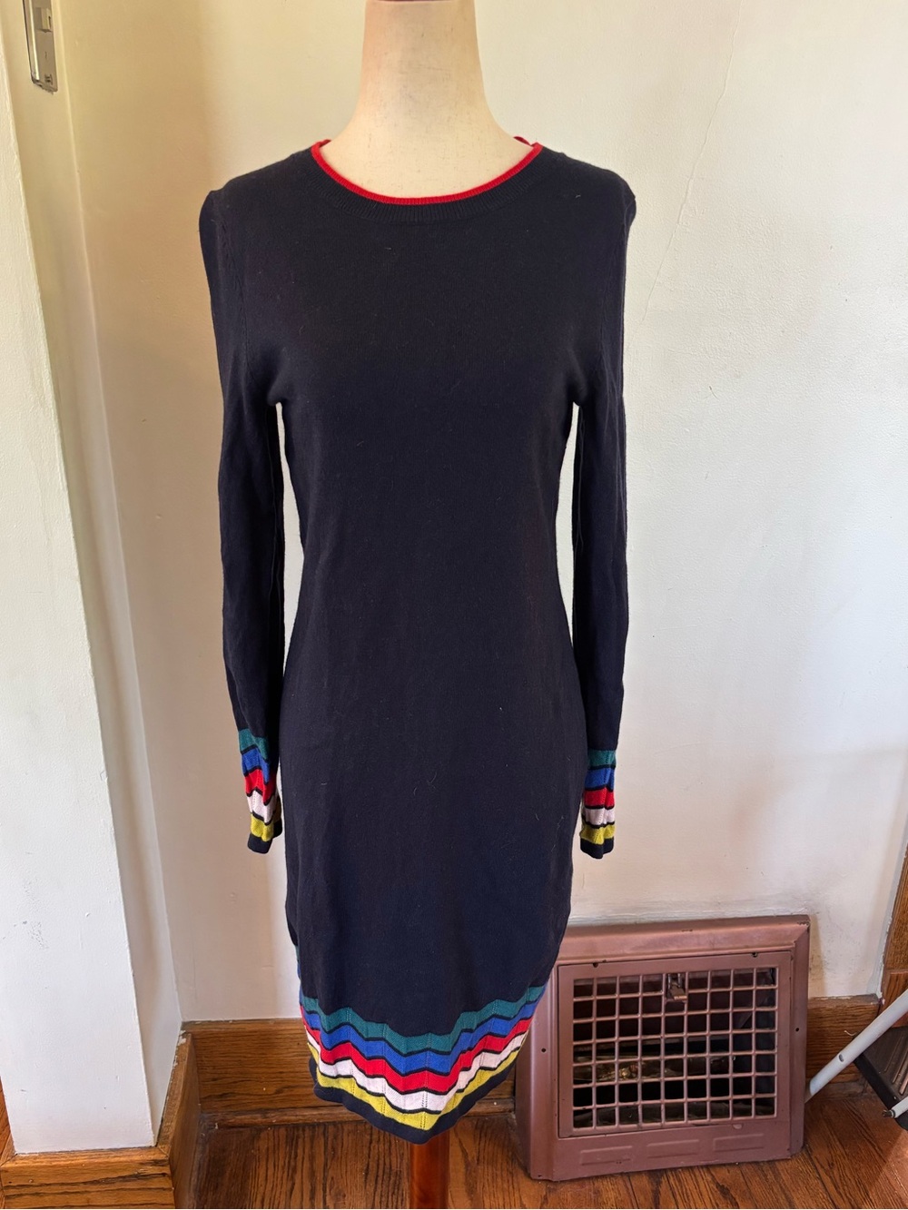 Boden Wool Cashmere Sweater Dress Women’s 16/18 Rainbow Chevron Navy Midi Dress